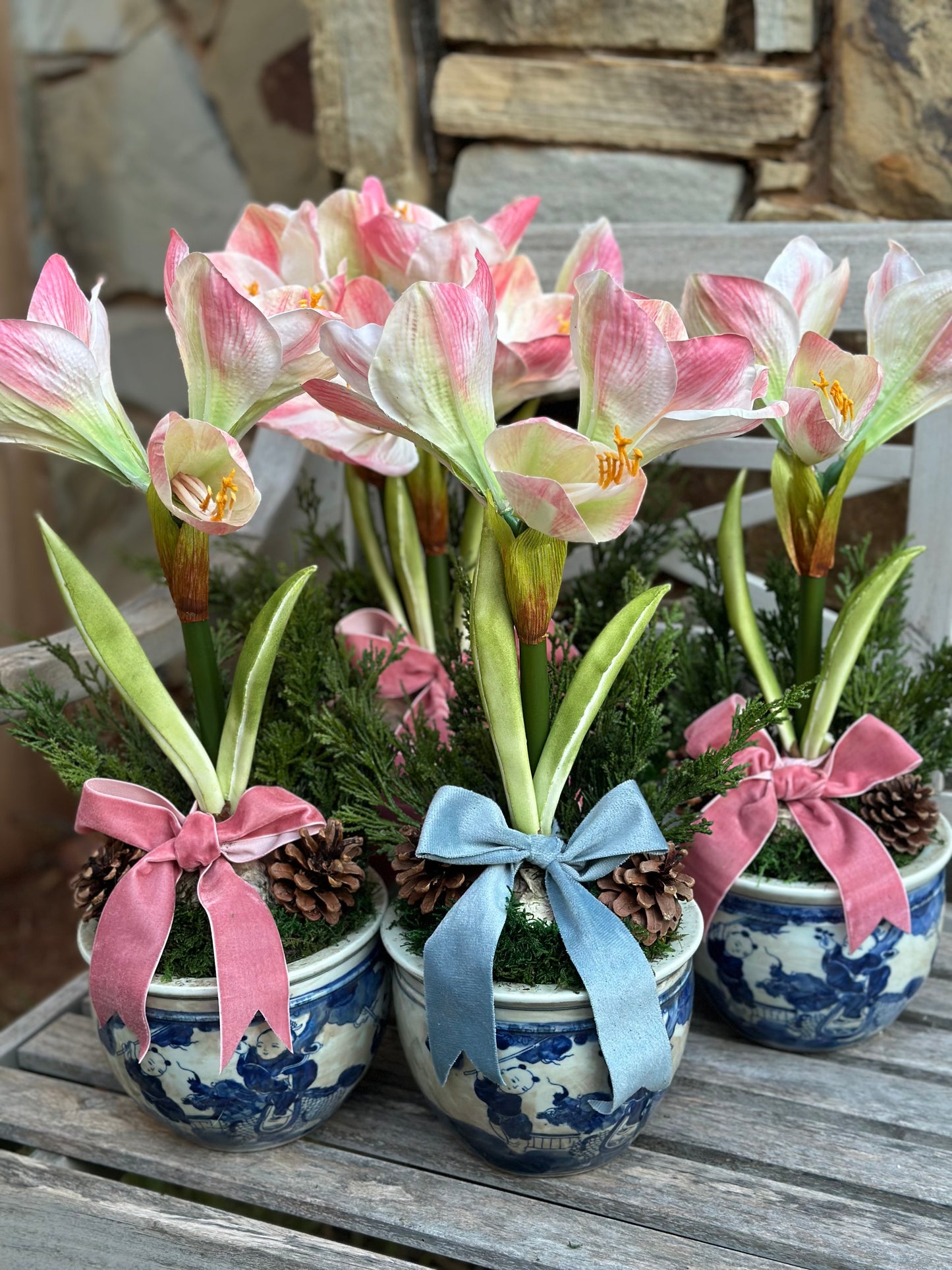 Faux Pink Amaryllis + Blue & White Pot (option for pink or blue bow)