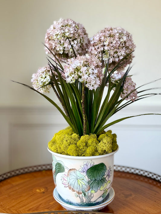 Vintage Porcelain Lotus Planter + Faux Lavender Allium #29