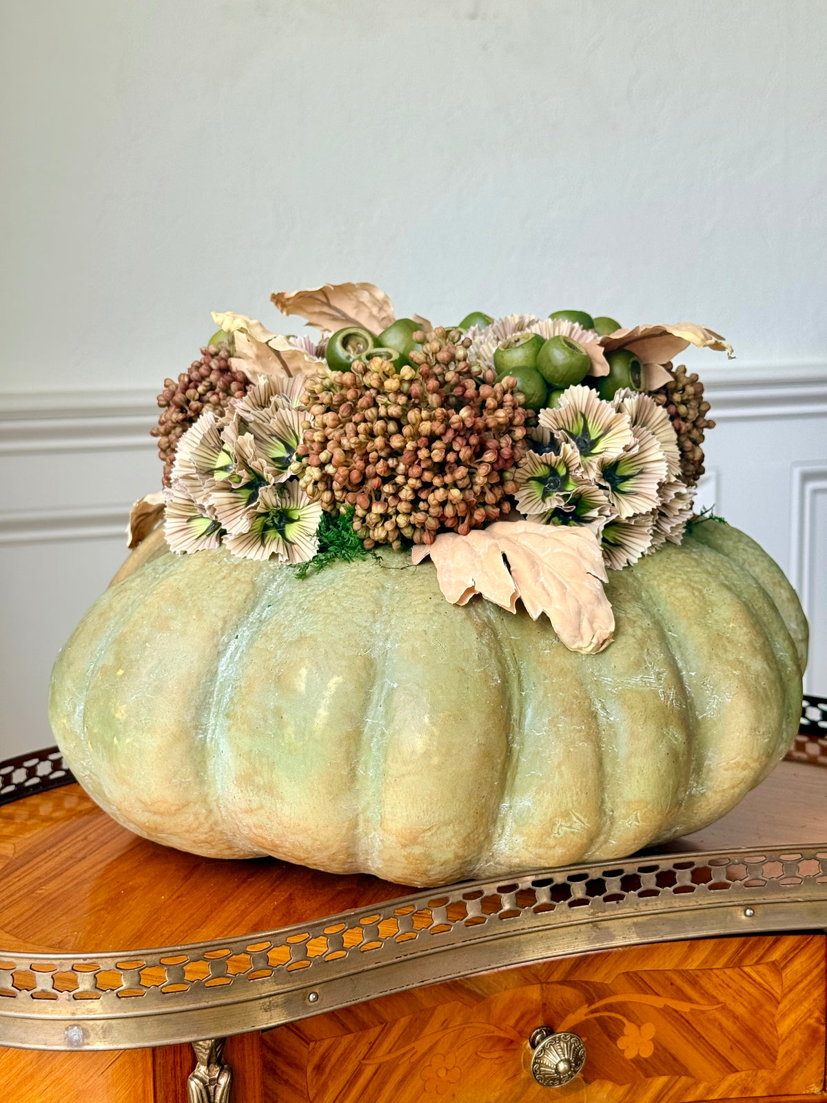 Faux Fairytale Pumpkin + Sedum & Scabiosa Mix