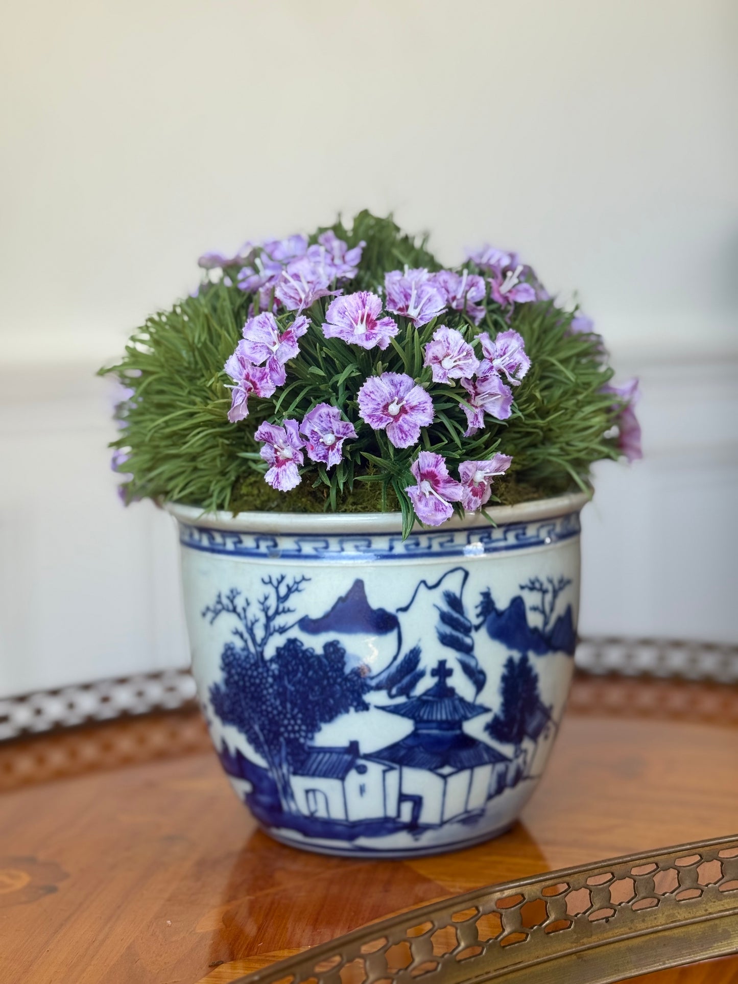 Blue and White Chinoiserie Pot + Blooming Dianthus