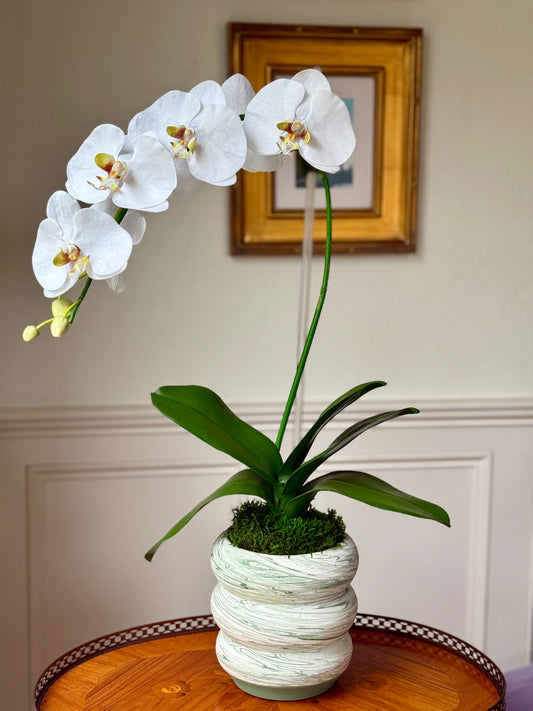 Green Marble Pot + 1 Classic White Faux Orchid