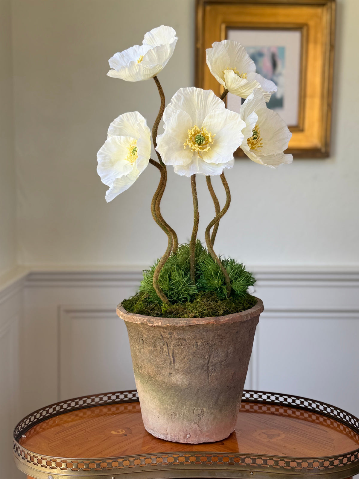 Cream Terra Cotta Pot + 5 Faux Cream Poppies
