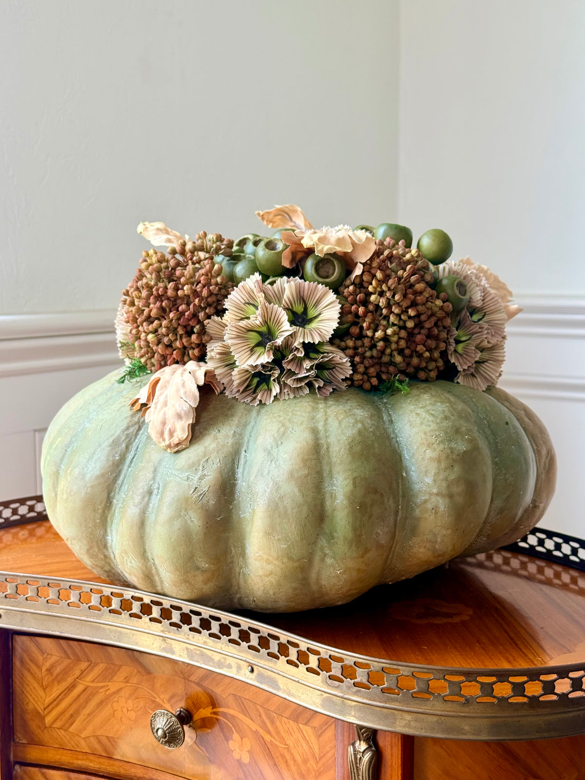 Faux Fairytale Pumpkin + Sedum & Scabiosa Mix