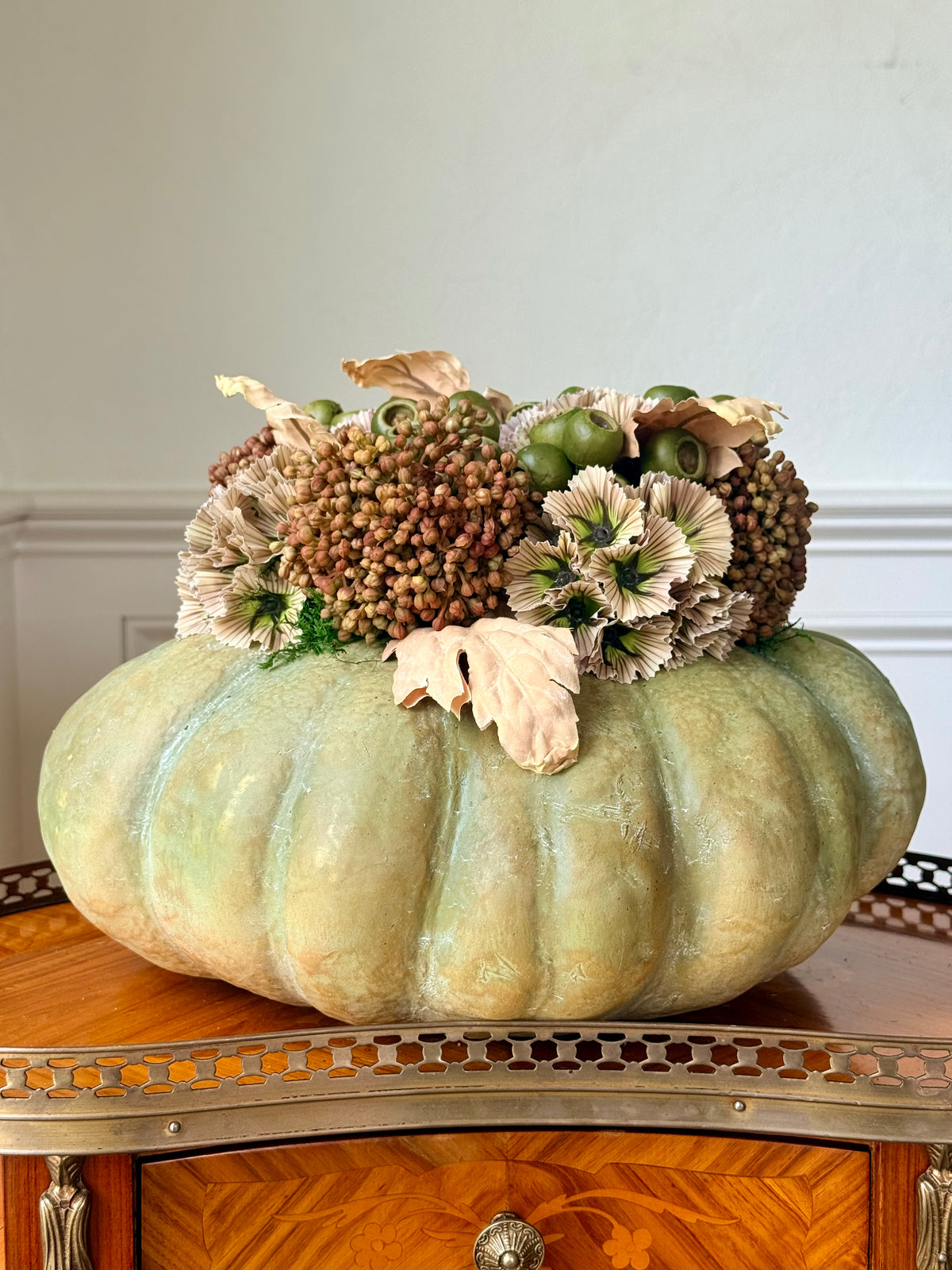 Faux Fairytale Pumpkin + Sedum & Scabiosa Mix