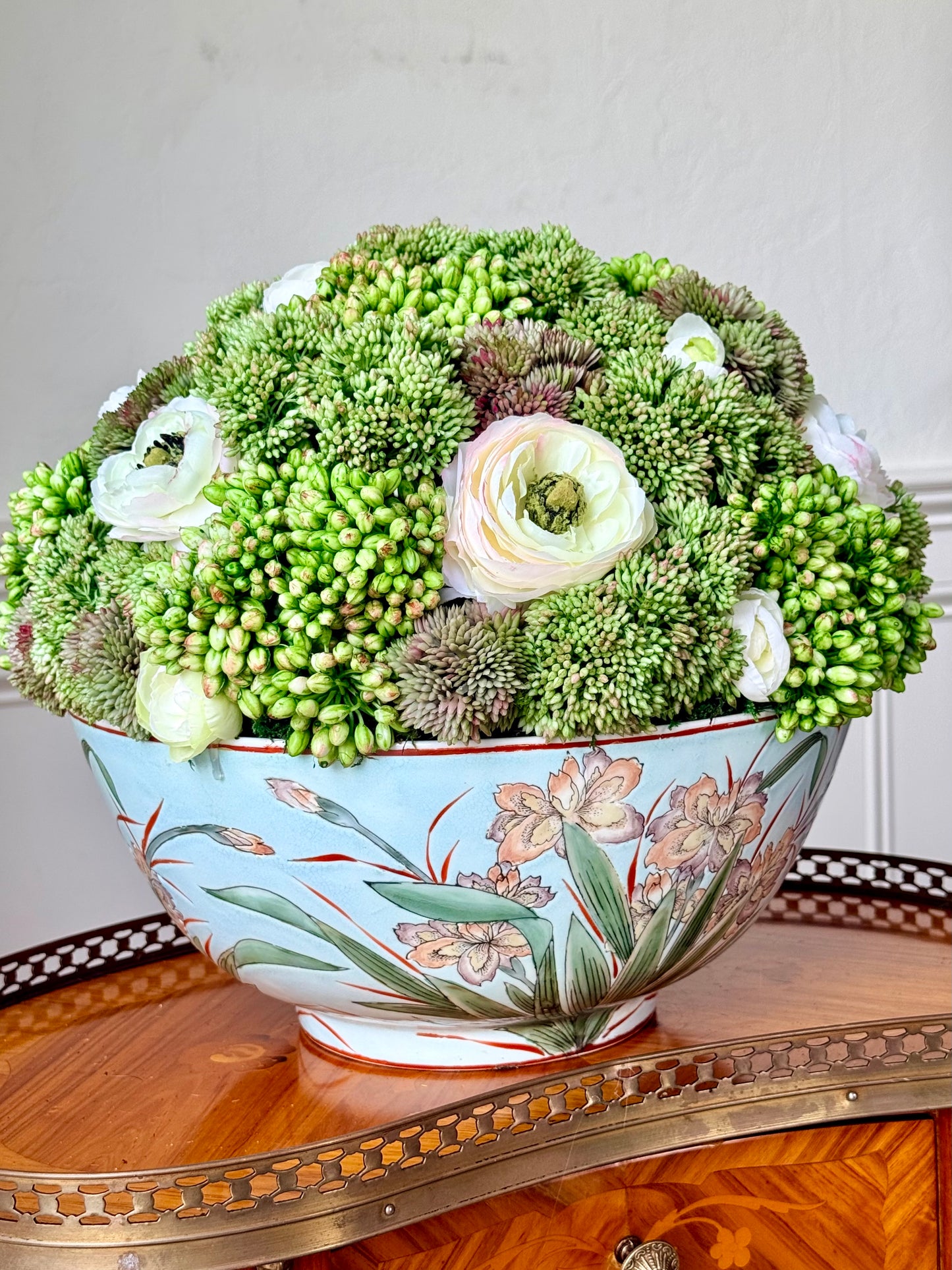 Vintage 12" Hand Painted Iris Bowl+ Faux Sedum & Cream Ranunculus