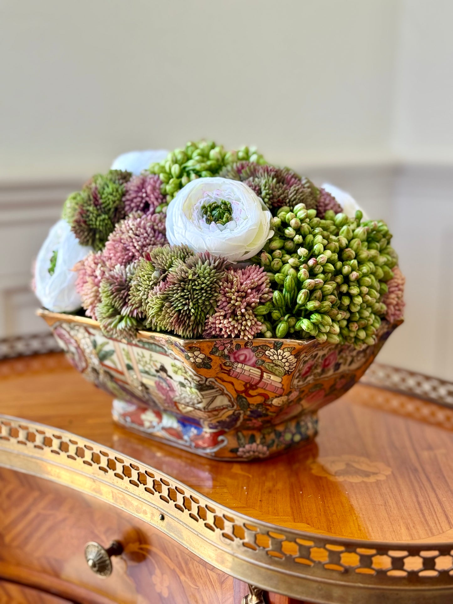 9" Octagonal Gilt Rose Medallion Footed Dish + Faux Sedum & White Ranunculus