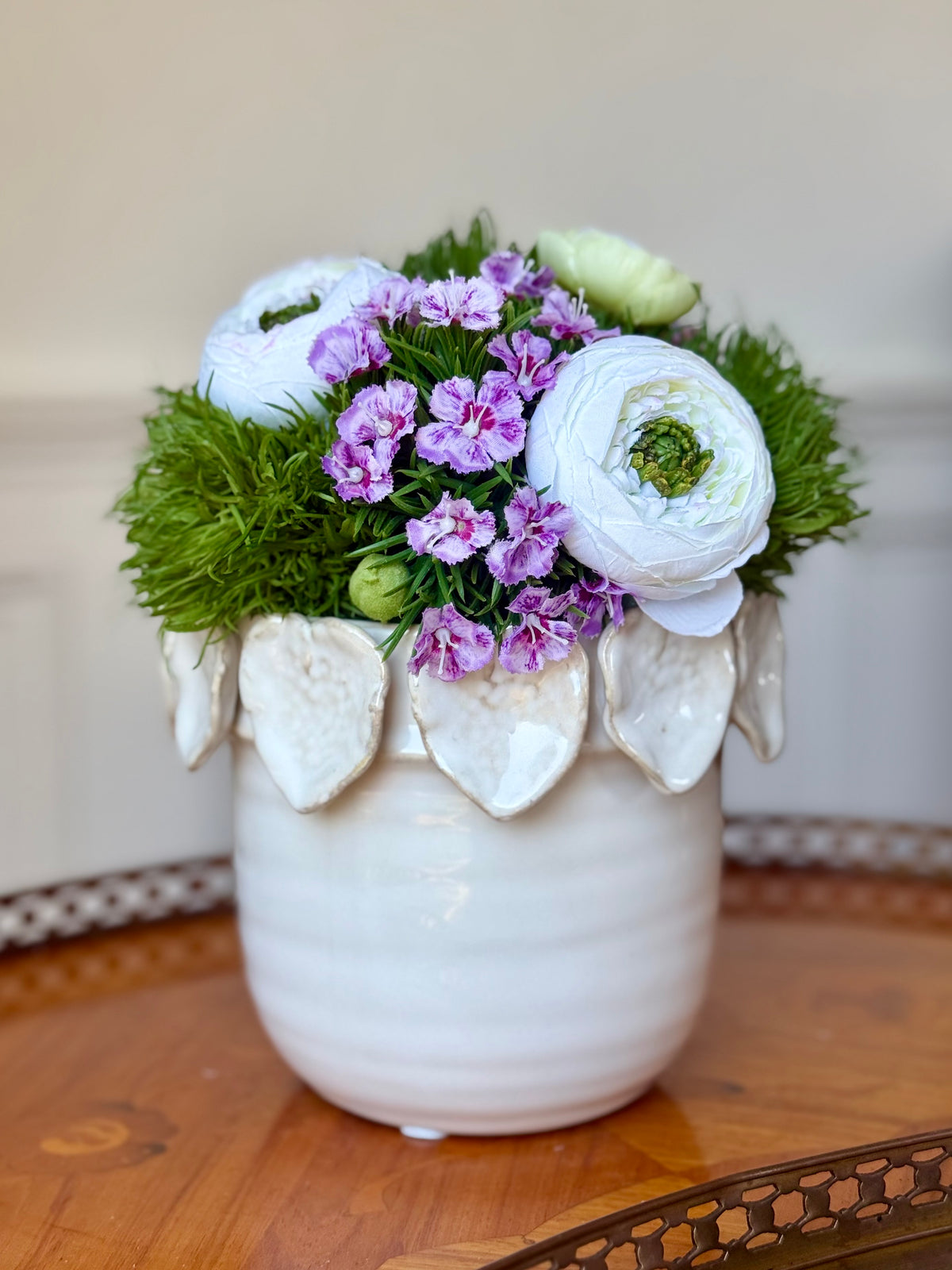 Posie Pot + Blooming Dianthus & White Ranunculus Mix