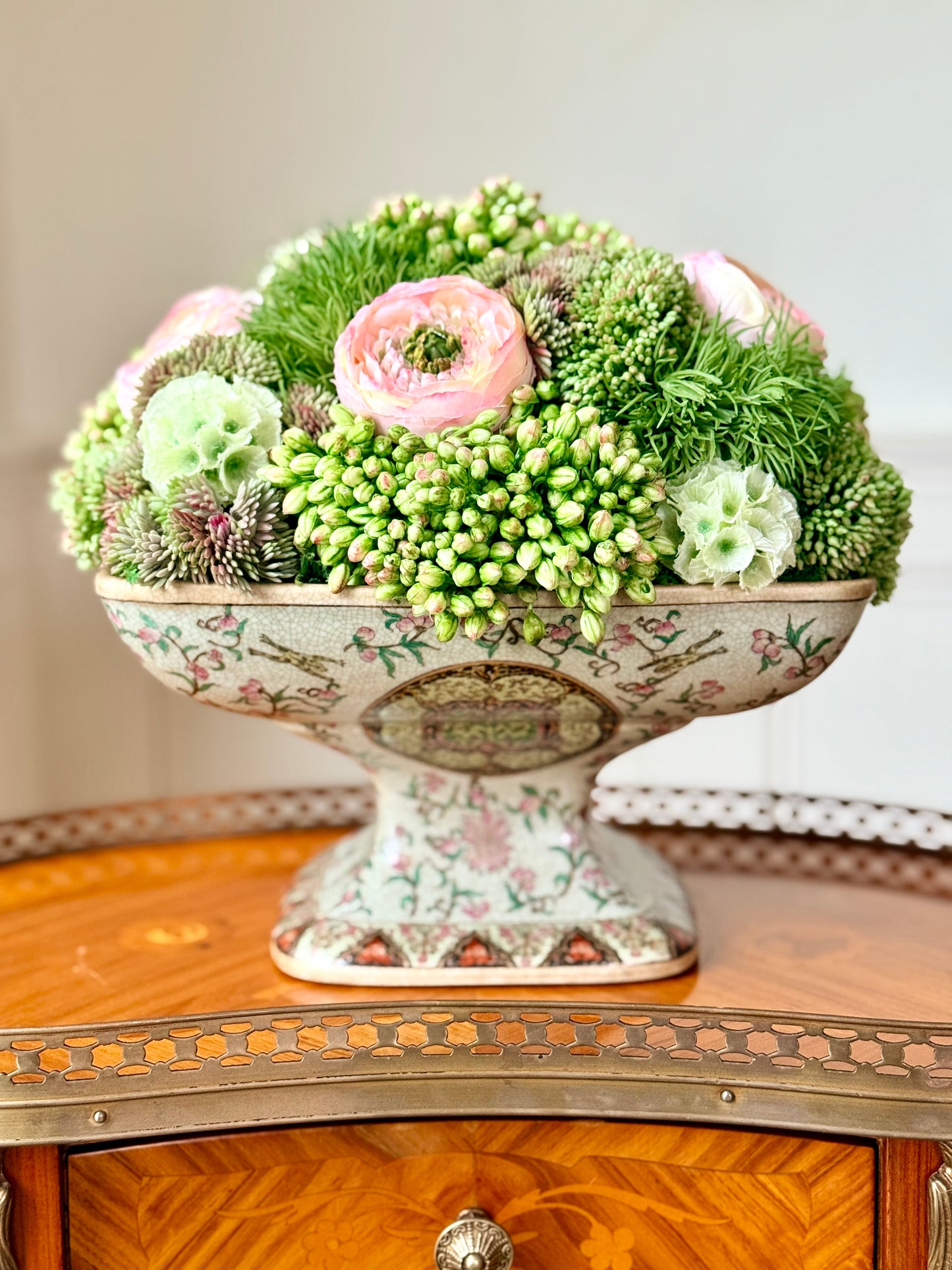 10"x10” Square Chinoiserie Porcelain Pedestal + Faux Sedum