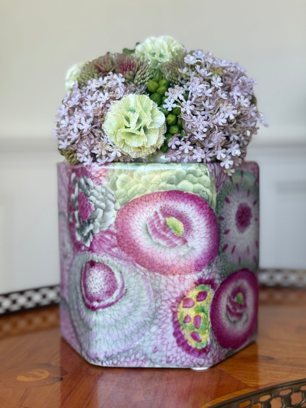 John Derian Floral Cachepot + Faux Sedum & Scabiosa Mix
