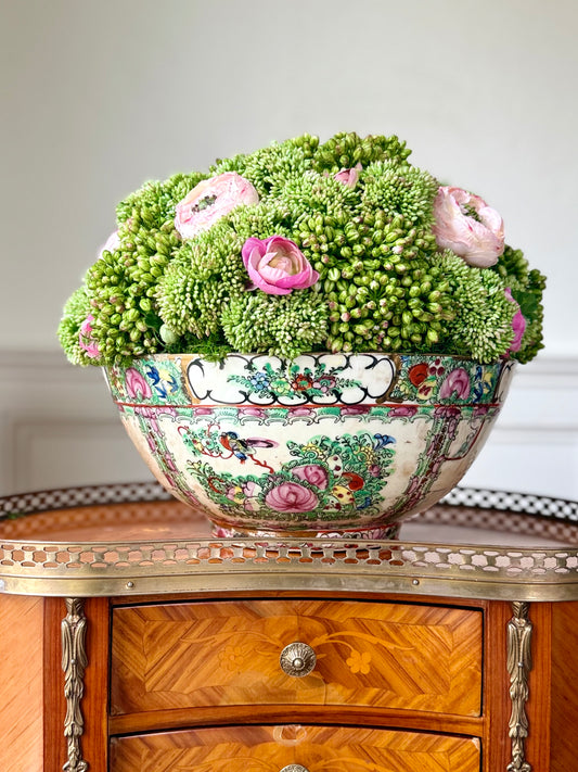 12” Vintage Rose Medallion Bowl + Faux Sedum & White Ranunculus #17