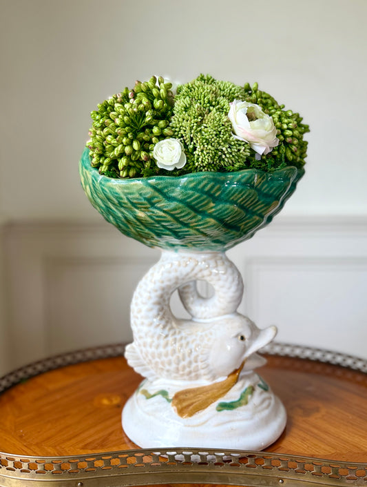 Vintage Koi Pedestal + Faux Sedum & White Ranunculus