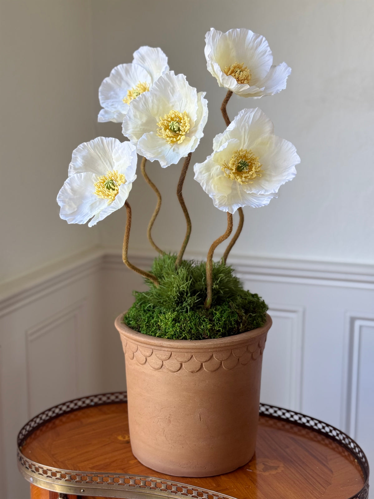 Scalloped Terra Cotta Pot + 5 Faux Cream Poppies