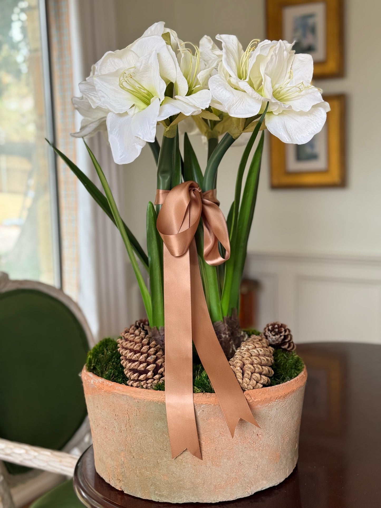 *Local Pickup Only* Four Faux White Amaryllis + 13” Terra Cotta Bowl