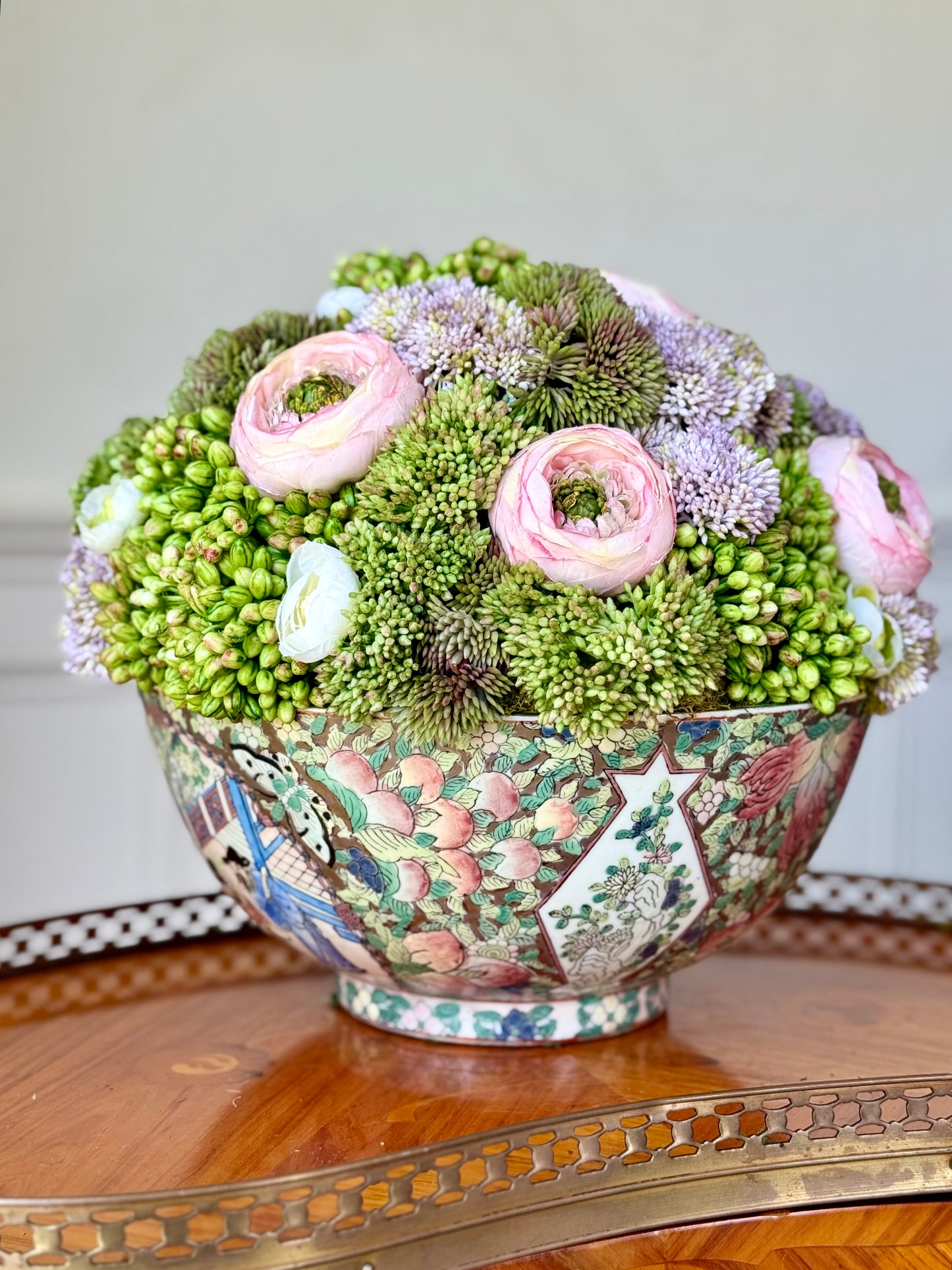 Vintage 10" Chinese Famille Porcelain Bowl + Faux Sedum & Ranunculus mix