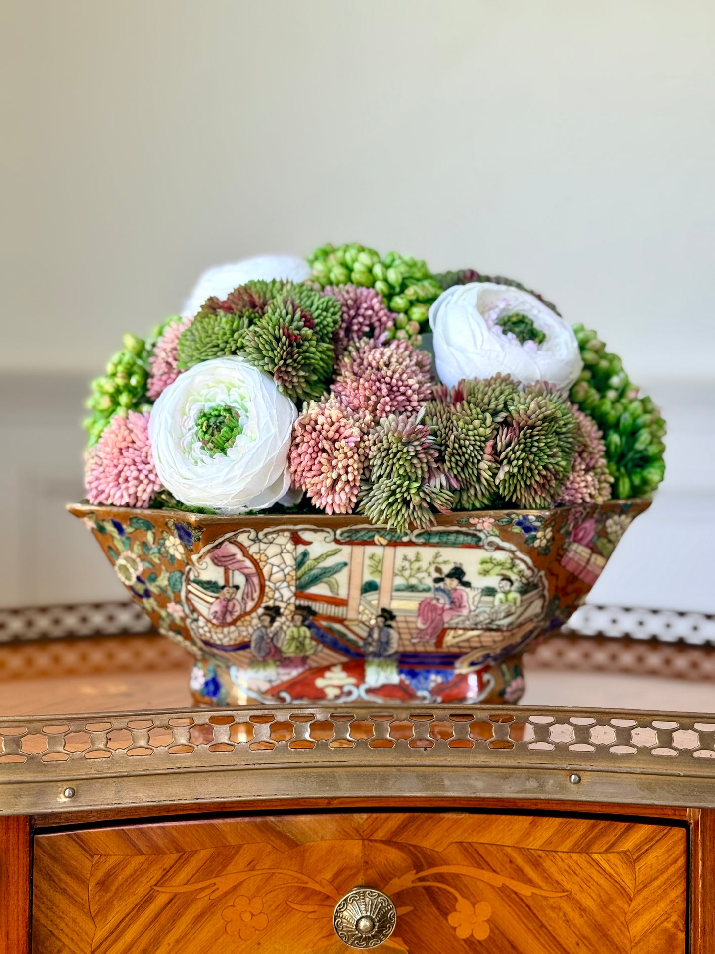 9" Octagonal Gilt Rose Medallion Footed Dish + Faux Sedum & White Ranunculus