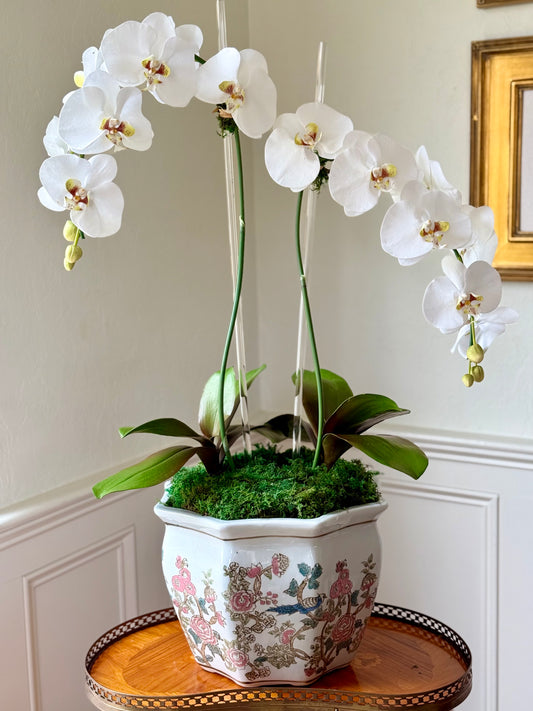 13" Chinoiserie Multi Floral Bowl + 2 Fine Faux White Orchids
