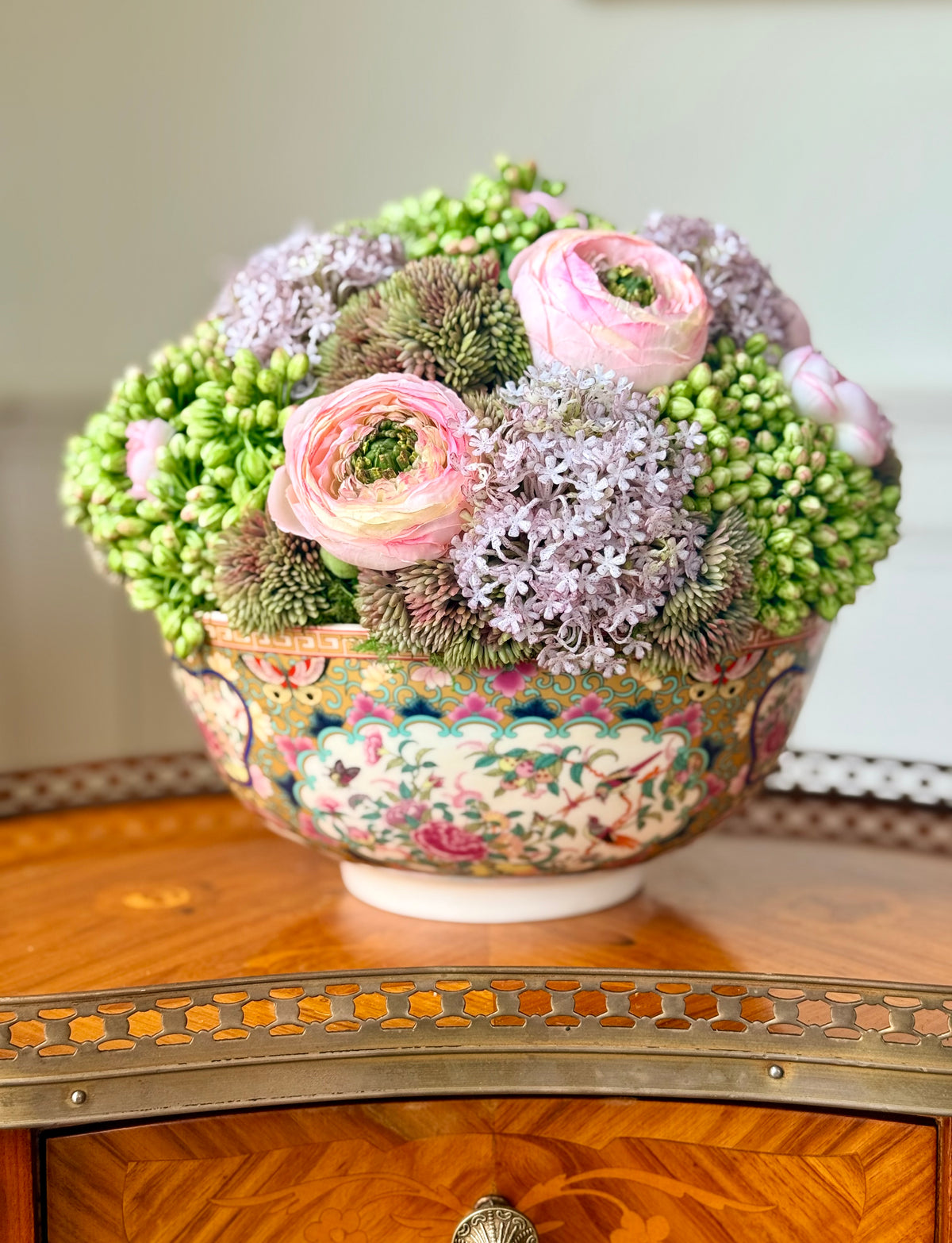 9” Rose Medallion Porcelain Bowl + Faux Sedum & Pink Ranunculus
