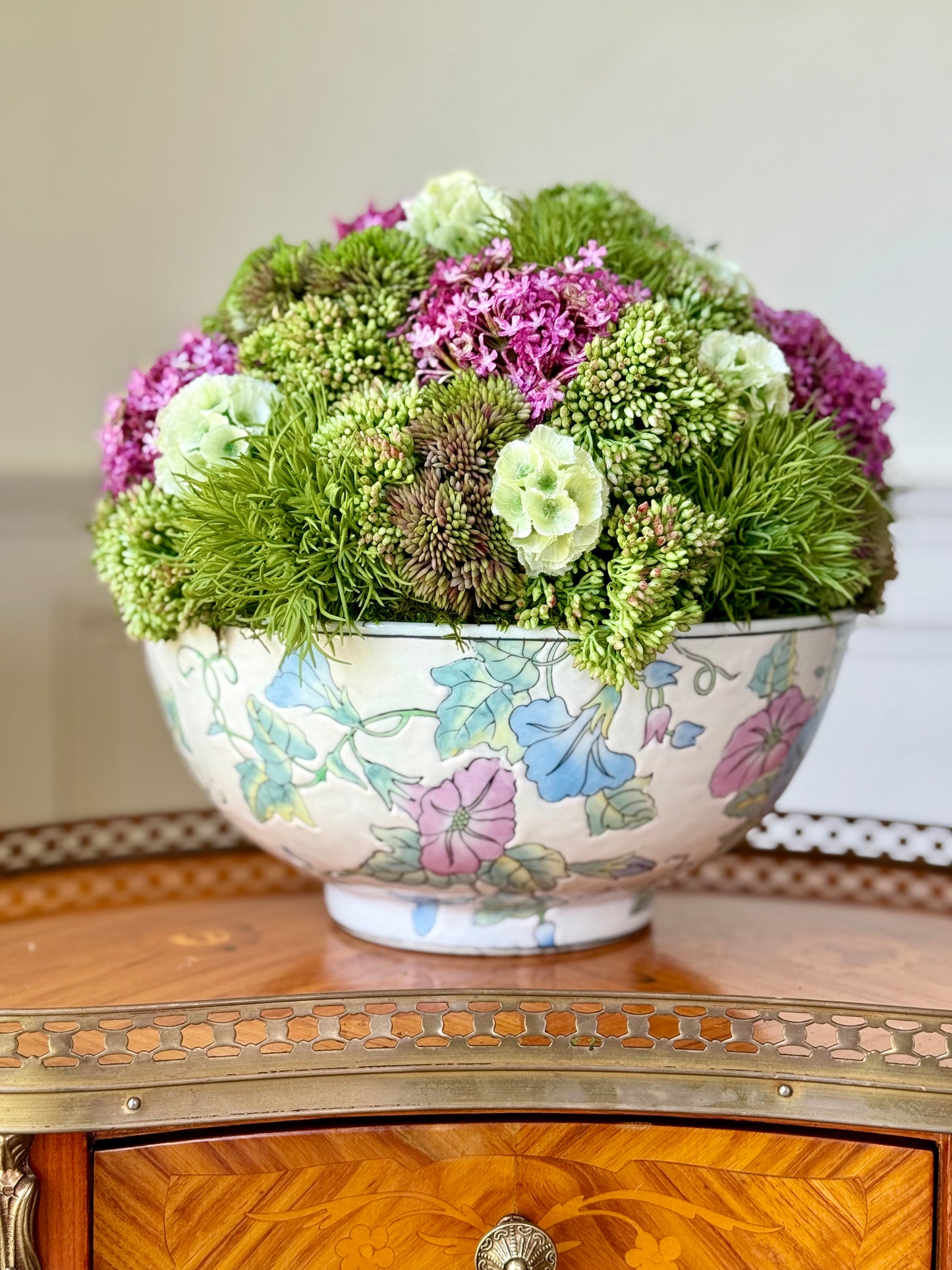 Vintage 10" Sadek Floral Porcelain Bowl + Faux Sedum & Allium