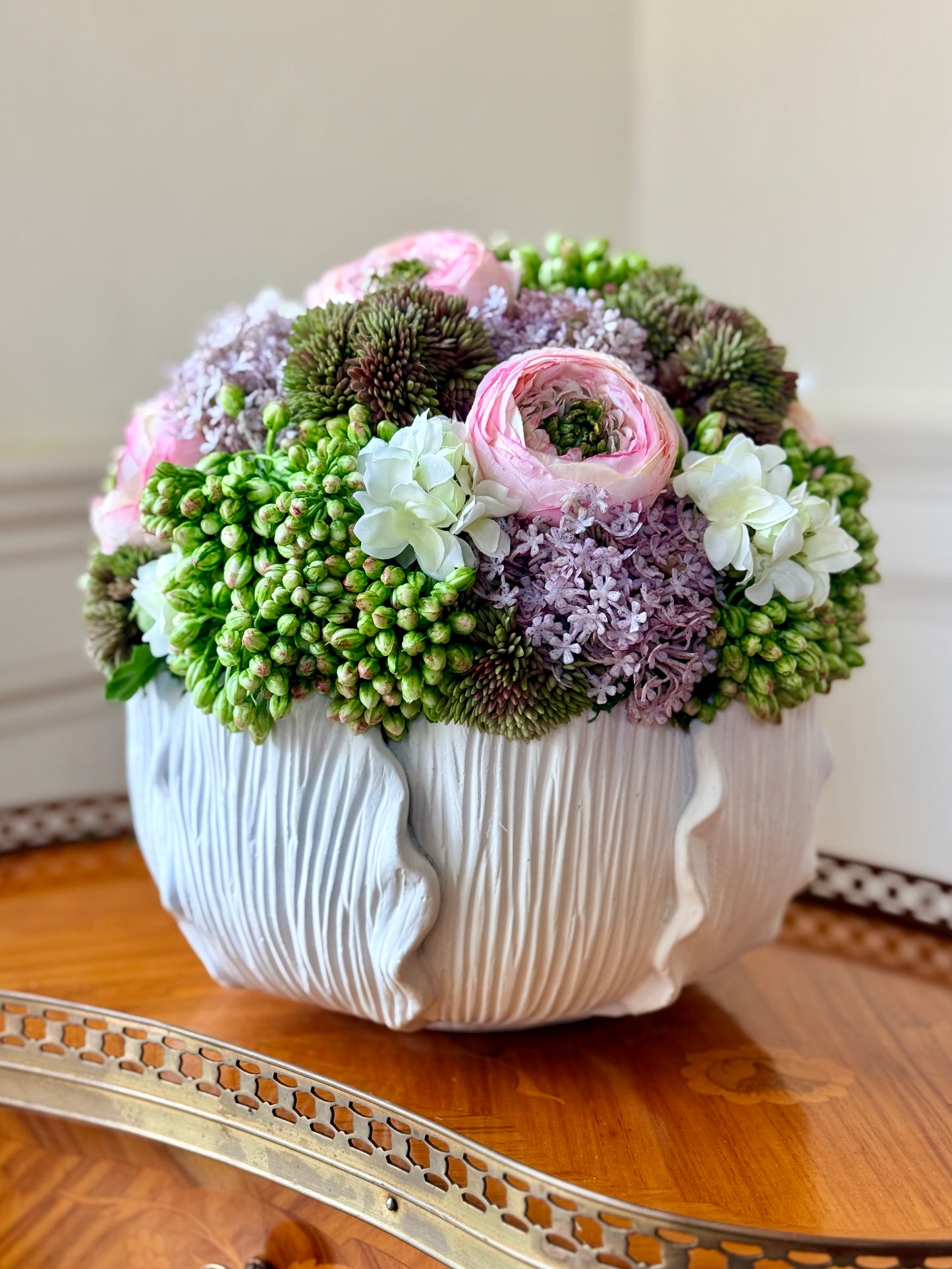 White Leaf Bowl + Sedum, Lilac, & Pink Ranunculus Mix
