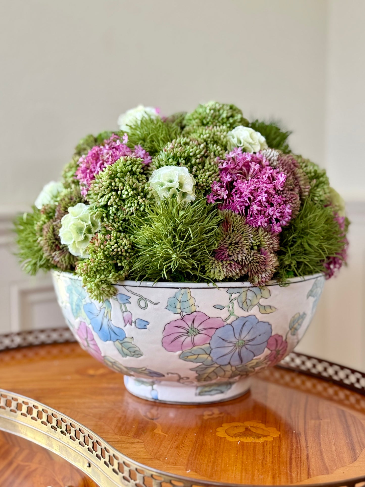 Vintage 10" Sadek Floral Porcelain Bowl + Faux Sedum & Allium