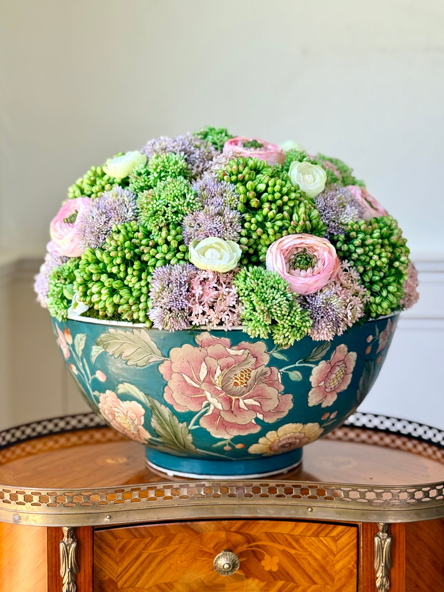 Vintage 14" Macau Teal Floral Porcelain Bowl+ Faux Sedum & Pink Ranunculus