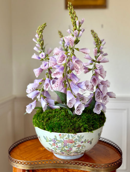 12” Vintage Floral Ribbon Porcelain Bowl + 4 Fine Faux Lavender Foxgloves #25