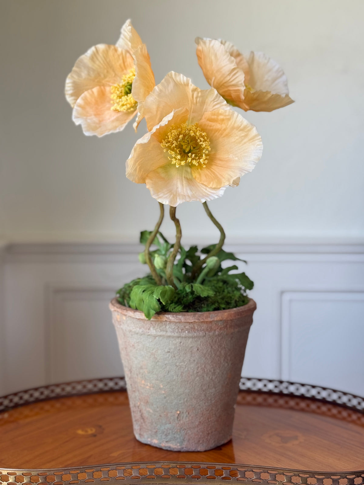 Terra Cotta Pot + 3 Faux Peach Poppies