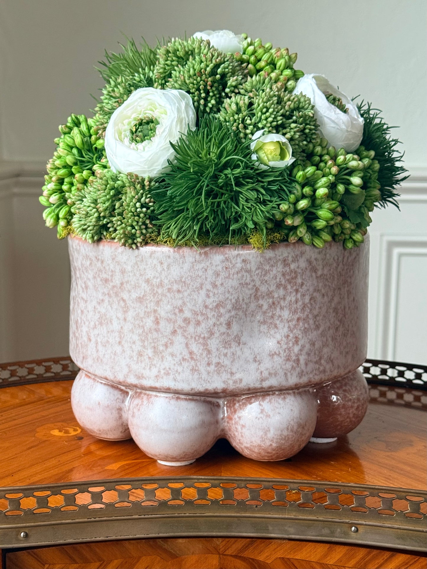Pearl Bowl + Faux Sedum, Dianthus & White Ranunculus Mix