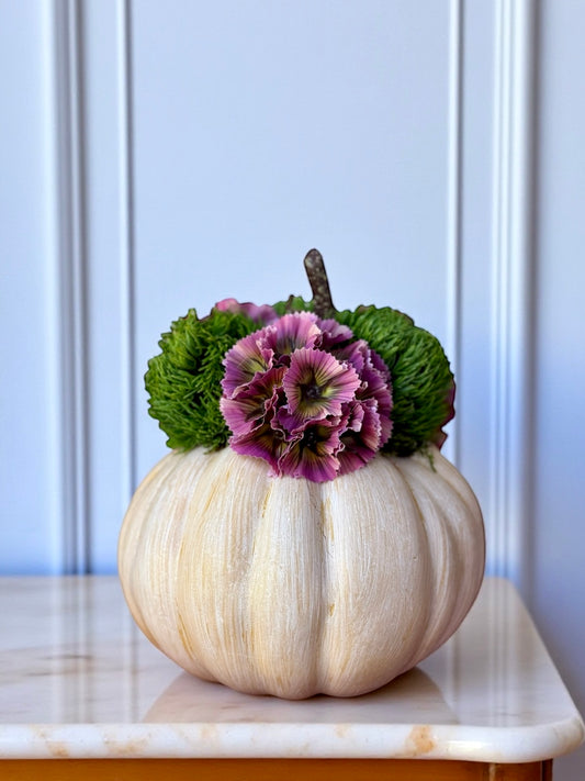 Small Light Orange Faux Fairytale Pumpkin + Faux Dianthus & Mulberry Scabiosa