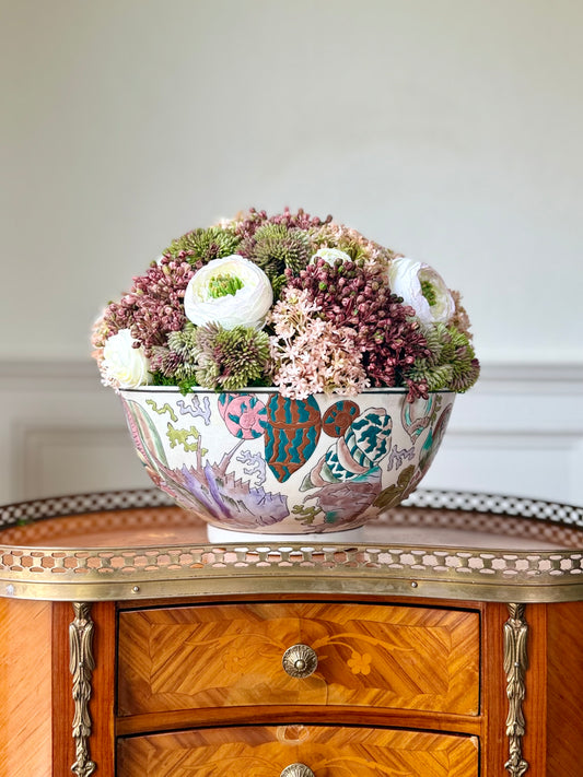 10" Vintage Porcelain Shell Bowl + Faux Sedum & White Ranunculus #7