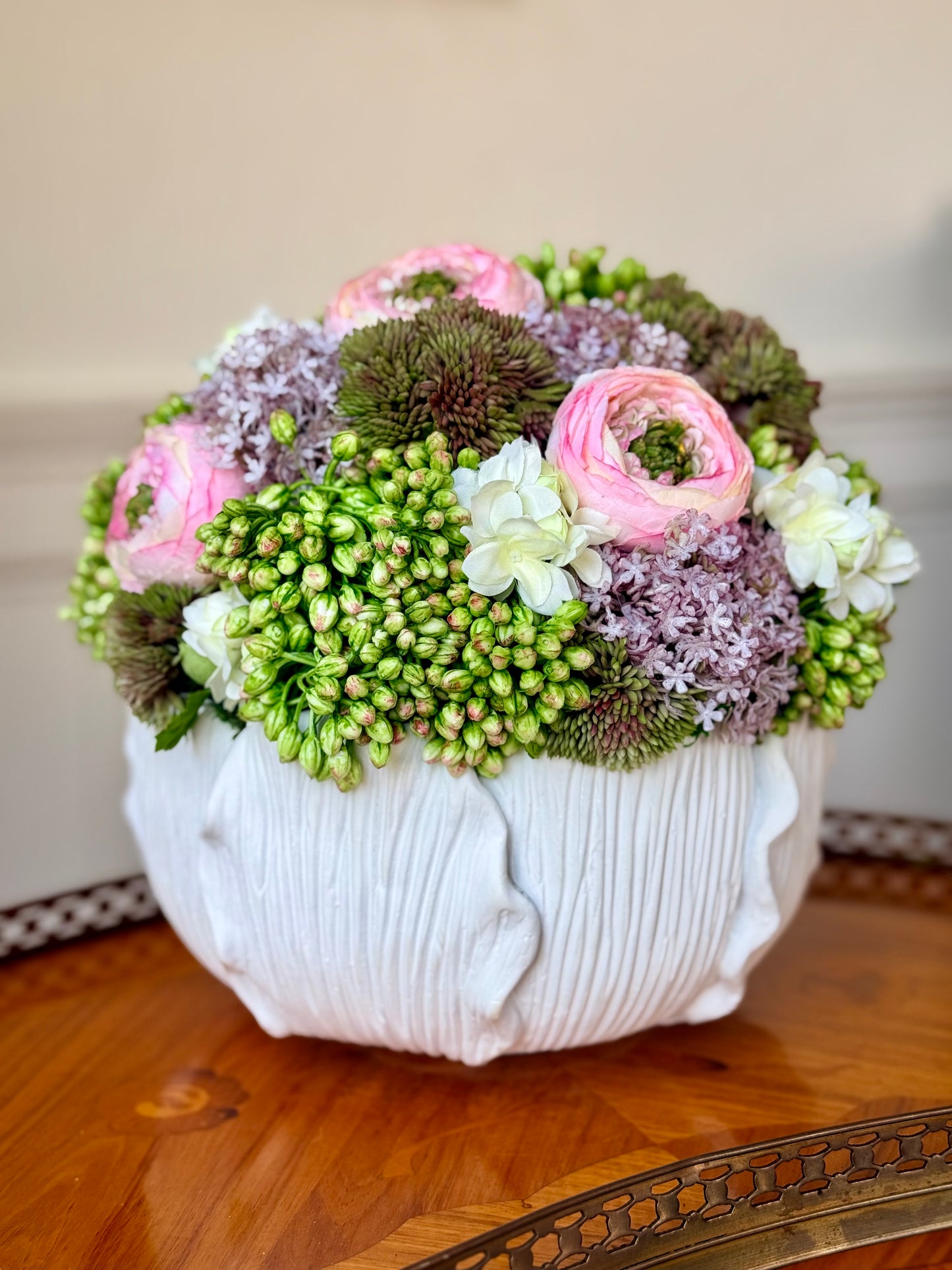White Leaf Bowl + Sedum, Lilac, & Pink Ranunculus Mix