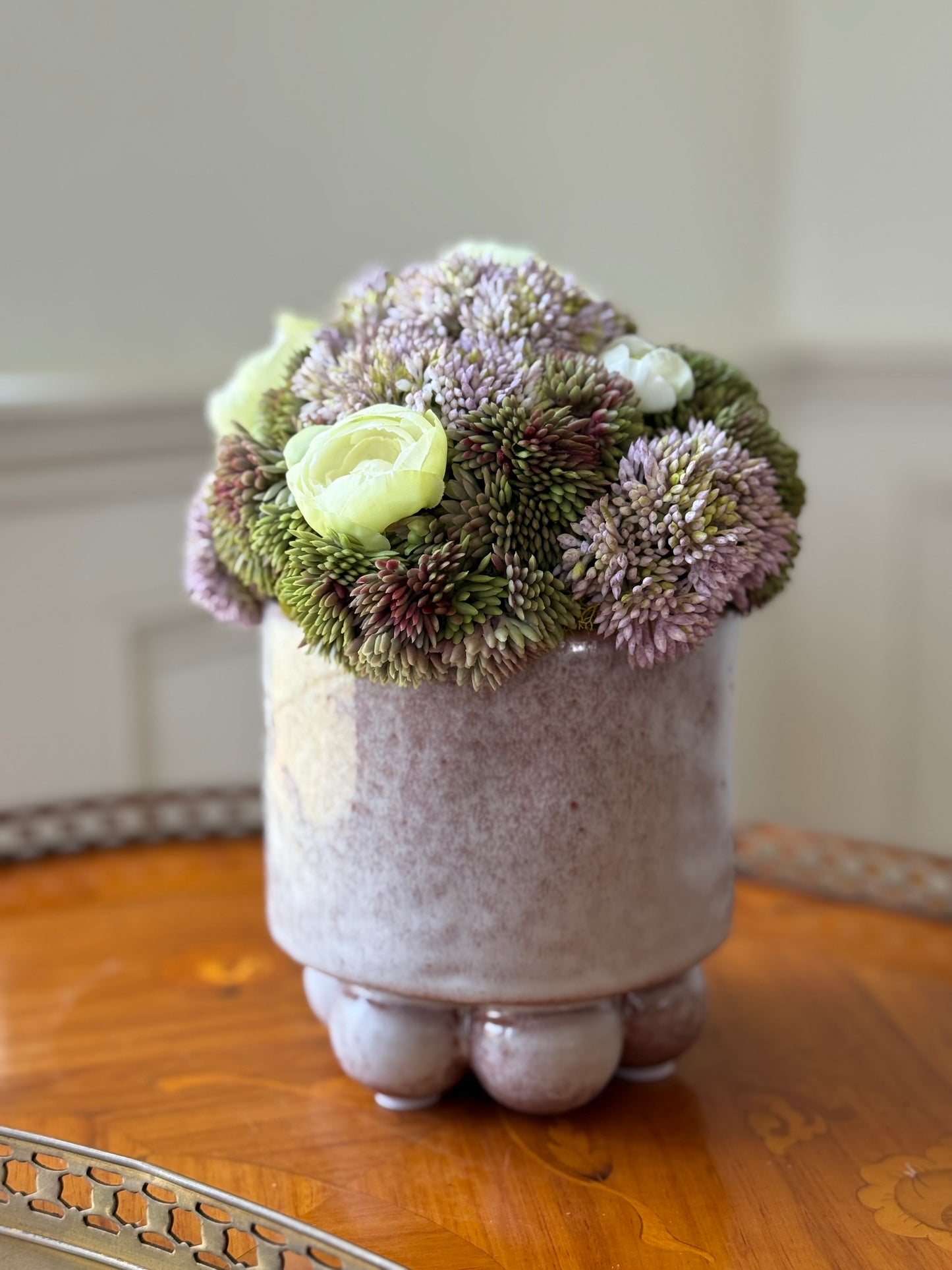 Small Pearl Pot + Faux Sedum & White Ranunculus Mix
