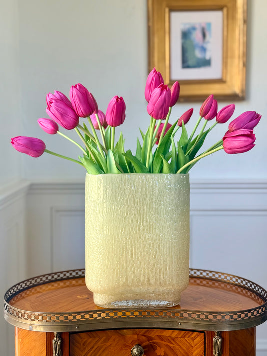 Yellow Glass Pastel Oval Vase + 20 Fuchsia Faux Dutch Tulips