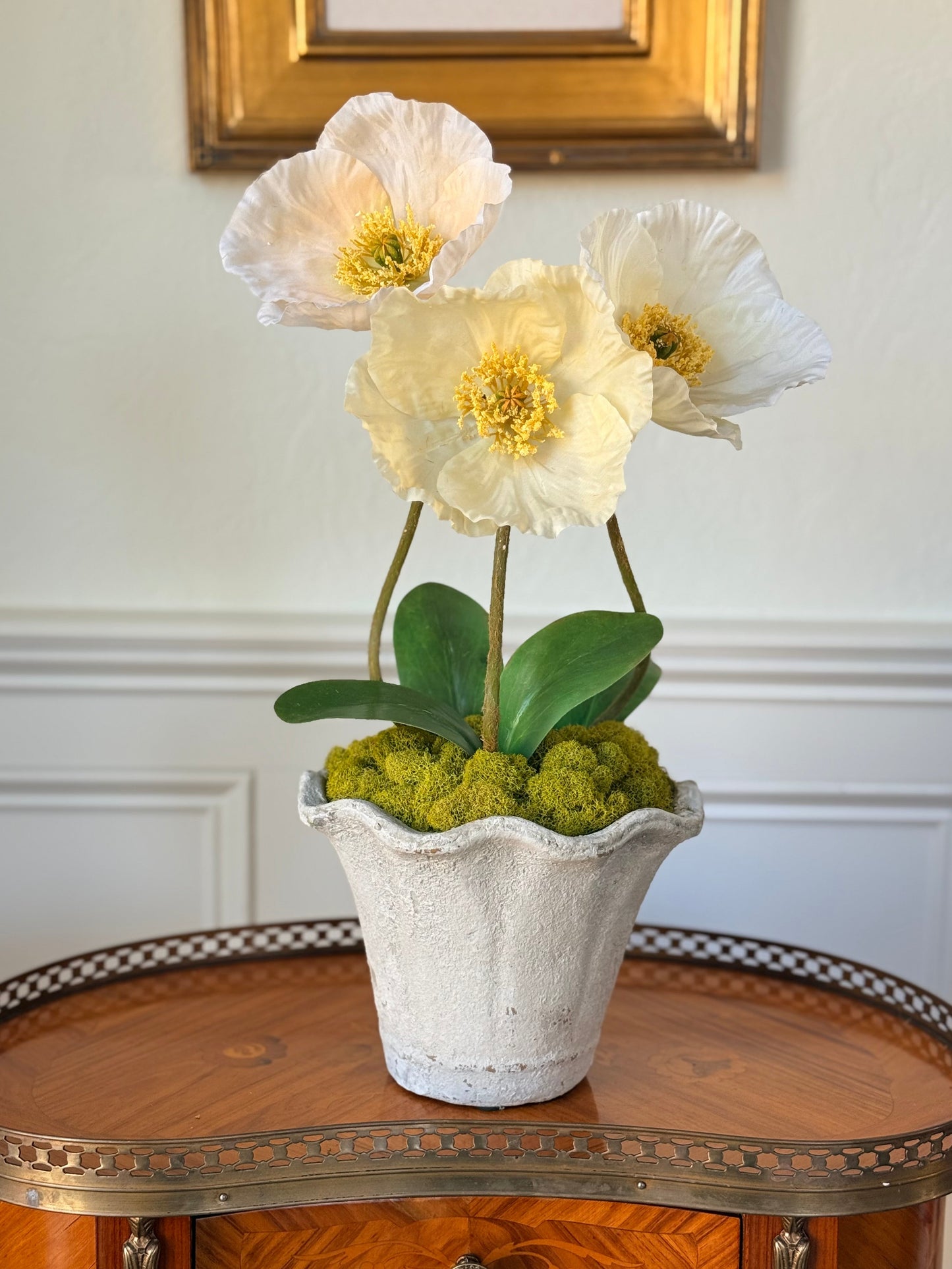 Scalloped Terra Cotta Pot + 3 Faux Mixed Cream Poppies