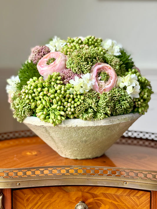 10” Cream Terra Cotta Bowl + Faux Sedum & Pink Ranunculus Mix