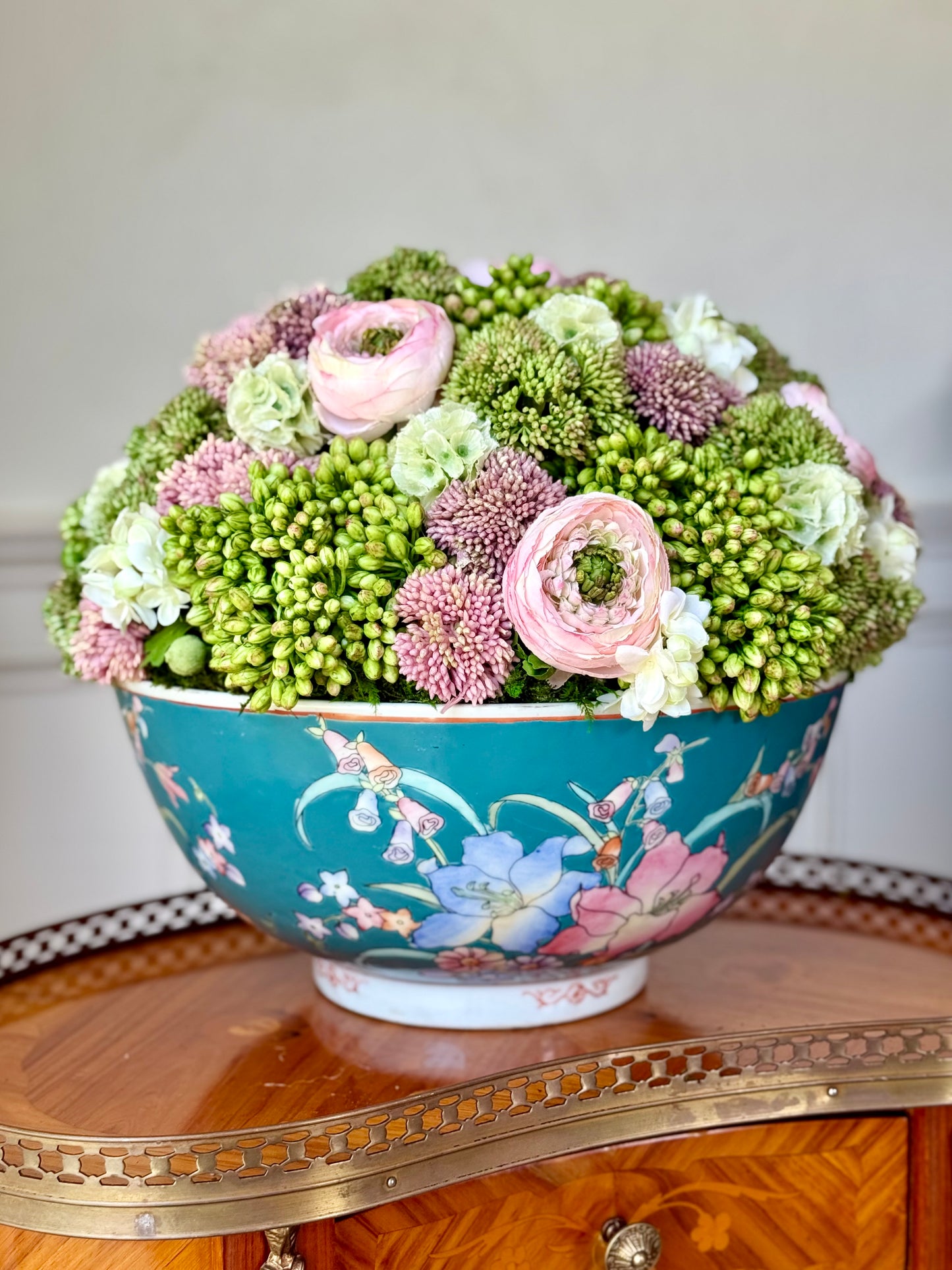 Vintage 12" Turquoise Chinese  Porcelain Bowl + Faux Sedum & Pink Ranunculus