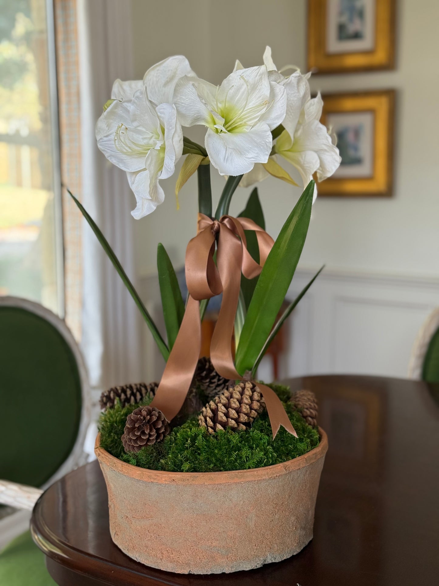 *Local Pickup Only* Two Faux White Amaryllis + 12” Terra Cotta Bowl