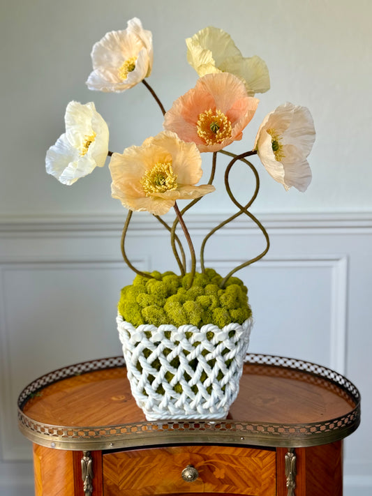 Vintage Spanish White Rope Planter + 6 Fine Faux Poppies #33