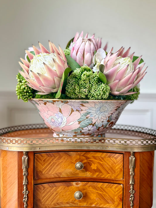 13"Vintage Pink Floral Gilt Bowl + Faux King Protea, Sedum Mix #20