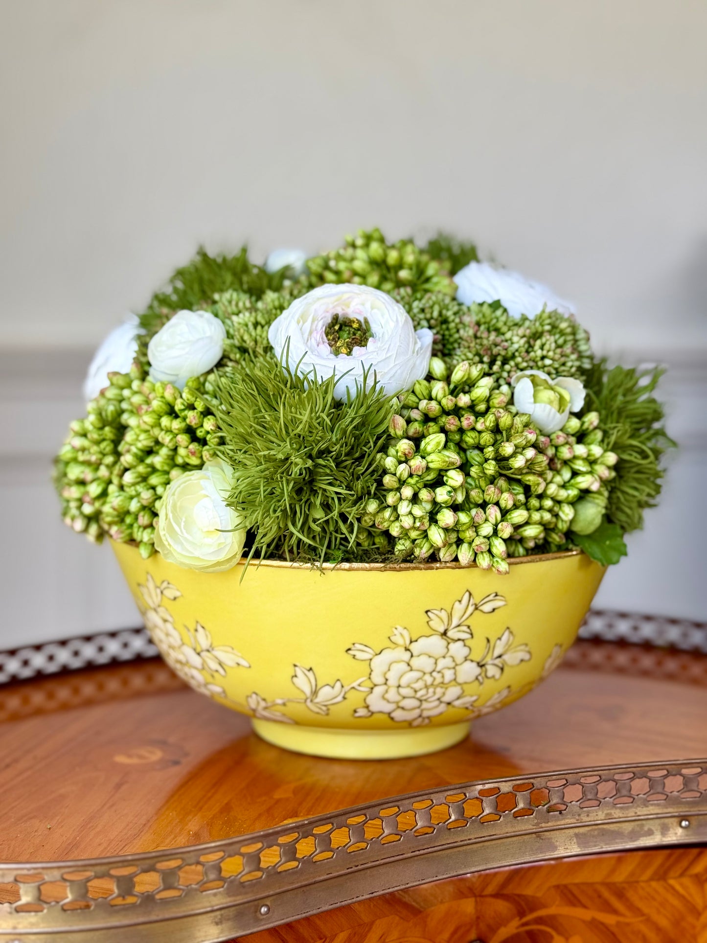 Vintage 9" Yellow Porcelain Bowl + Faux Sedum & White Ranuculus mix