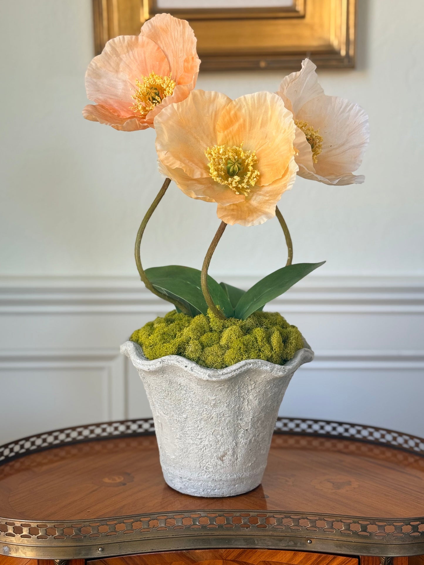 Scalloped Terra Cotta Pot + 3 Faux Mixed Peach Poppies