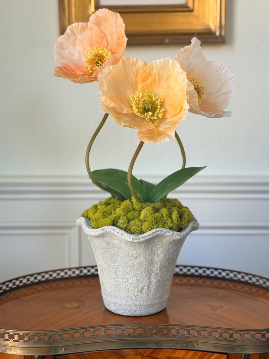 Scalloped Terra Cotta Pot + 3 Faux Mixed Peach Poppies