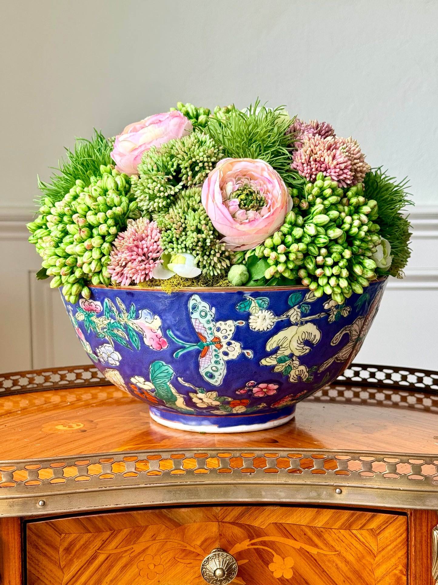 Vintage 10" Dark Blue Butterfly Bowl + Sedum & Ranunculus Mix