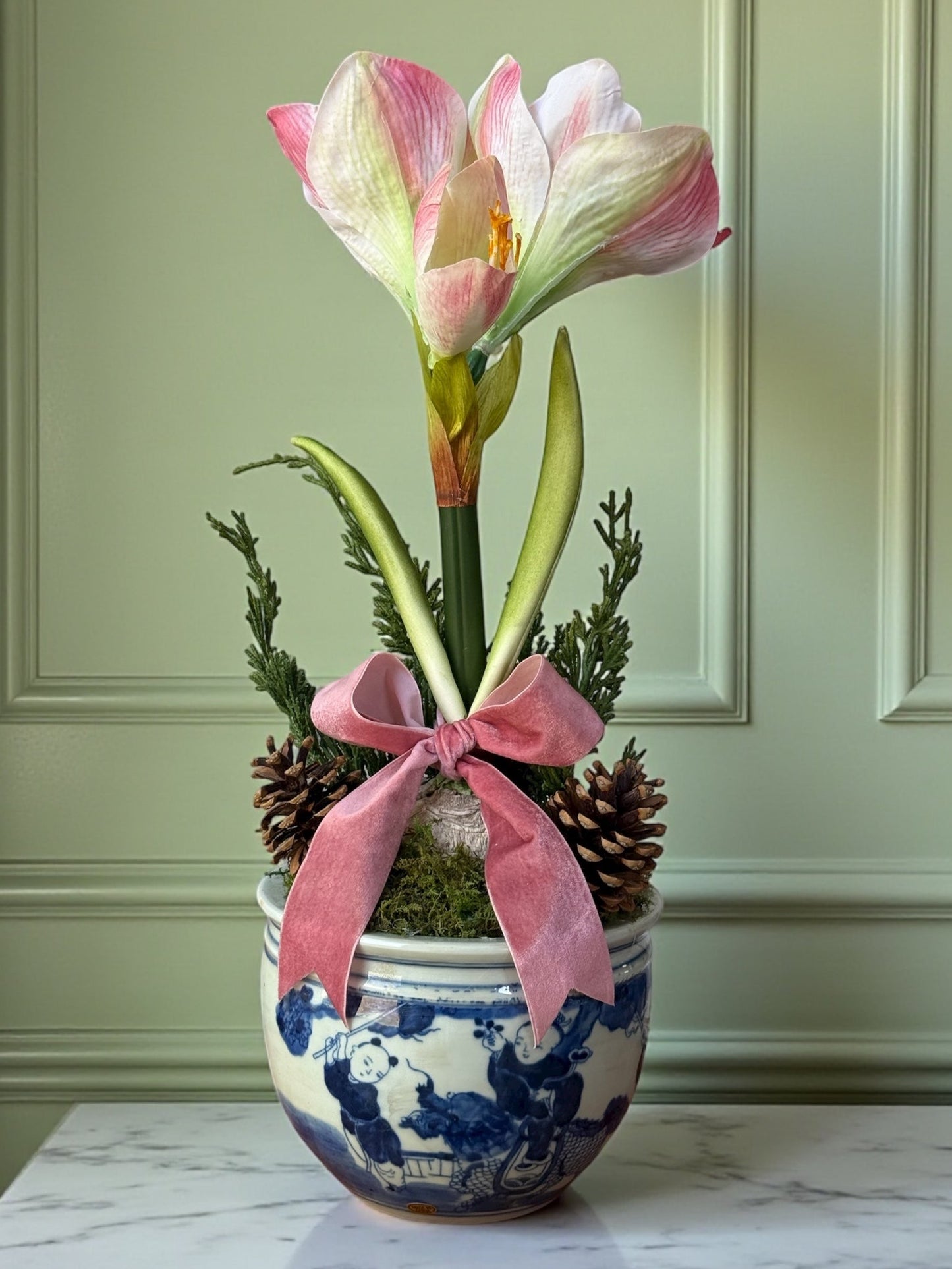 PREORDER Faux Pink Amaryllis + Blue & White Pot (choice of bow color)