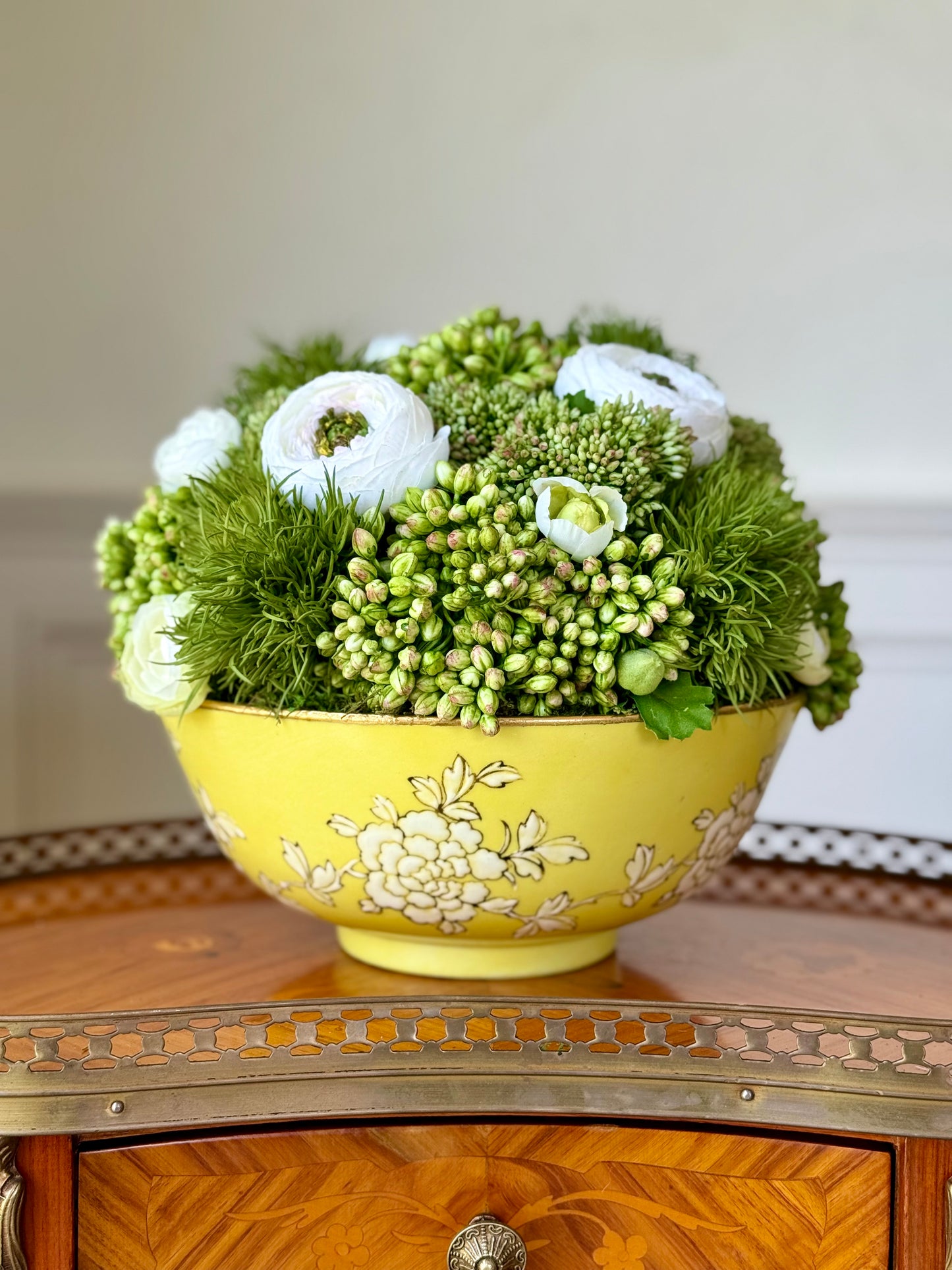 Vintage 9" Yellow Porcelain Bowl + Faux Sedum & White Ranuculus mix