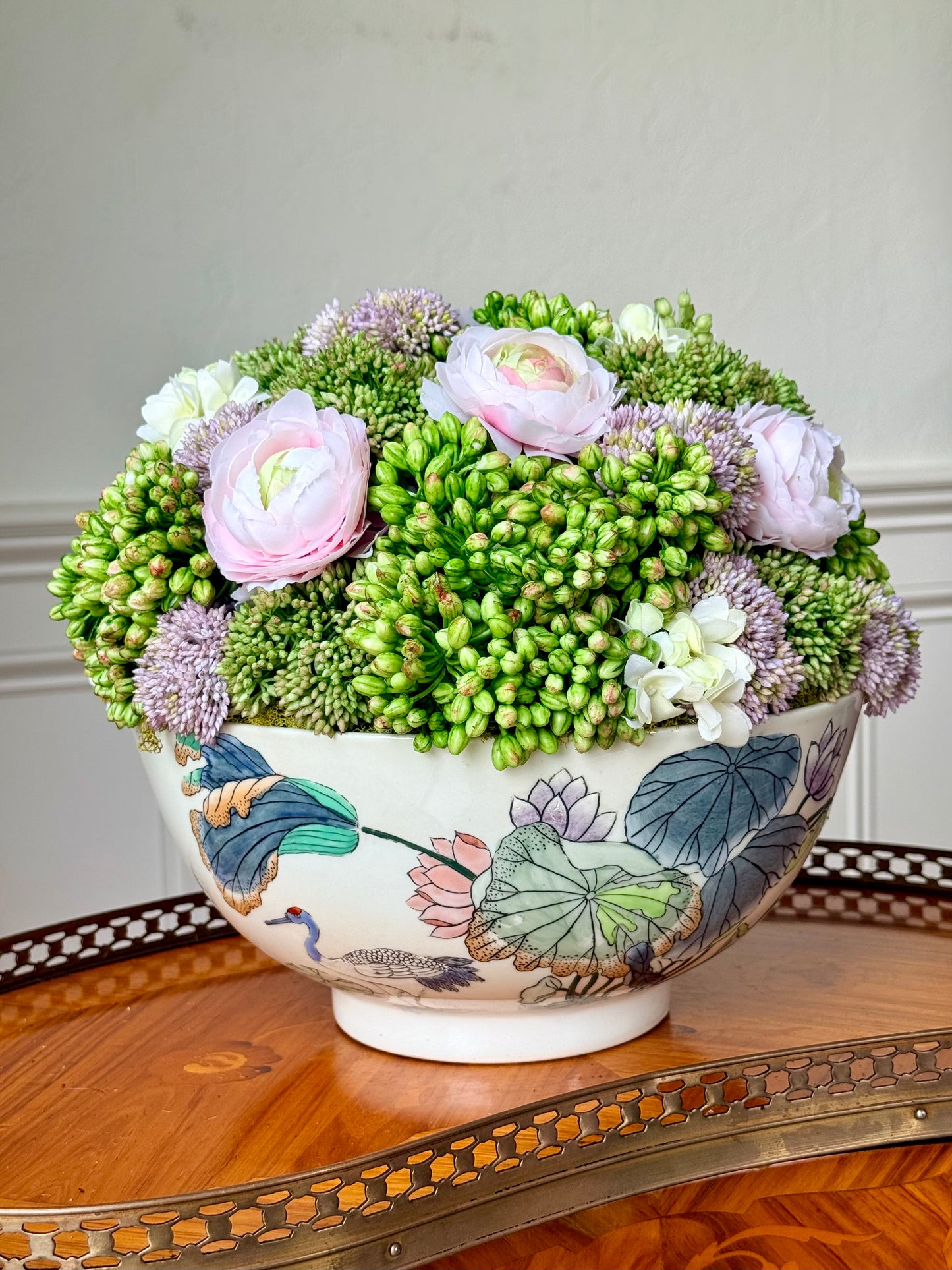 Vintage 10" Chinoiserie Lotus Bowl + Faux Sedum & Ranunculus Mix
