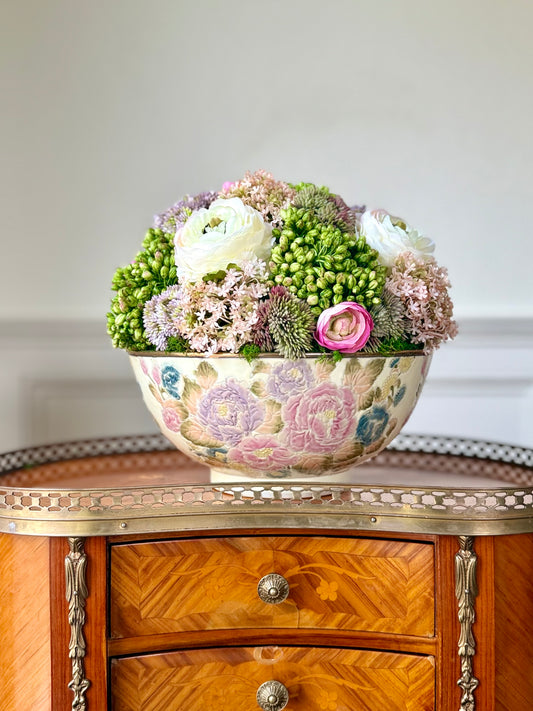 10" Vintage Cream Floral Bowl + Faux Sedum + Ranunculus #3