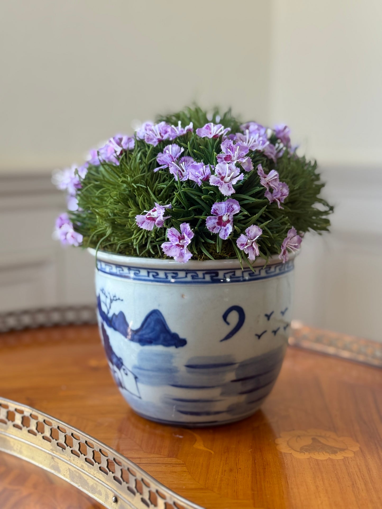 Blue and White Chinoiserie Pot + Blooming Dianthus