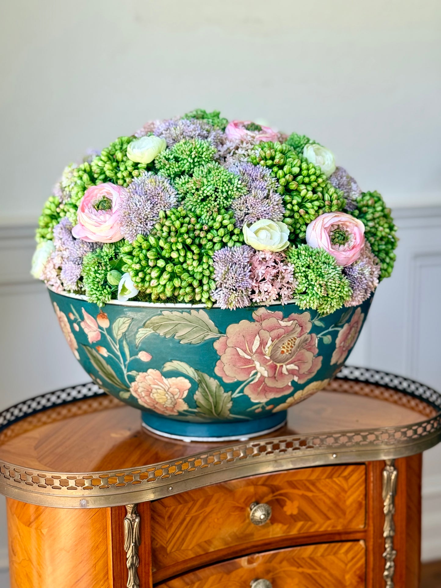Vintage 14" Macau Teal Floral Porcelain Bowl+ Faux Sedum & Pink Ranunculus