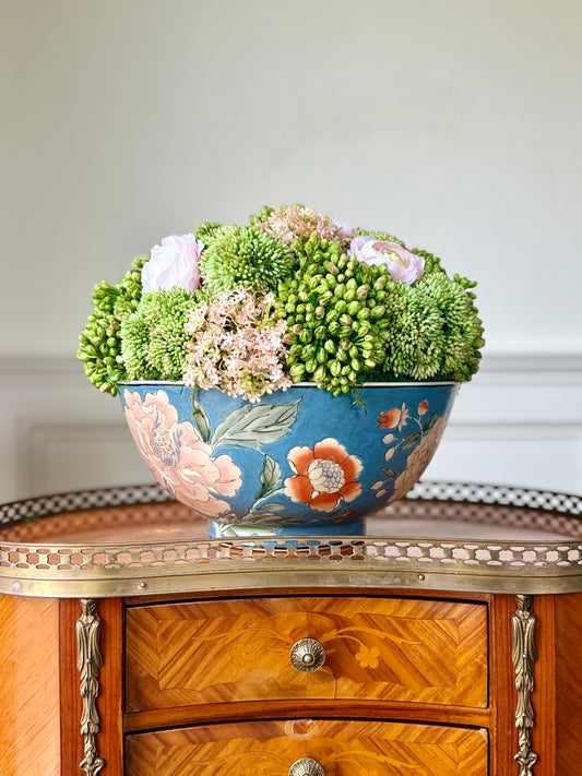 10" Vintage Blue Floral Bowl + Faux Sedum & Ranunculus #8
